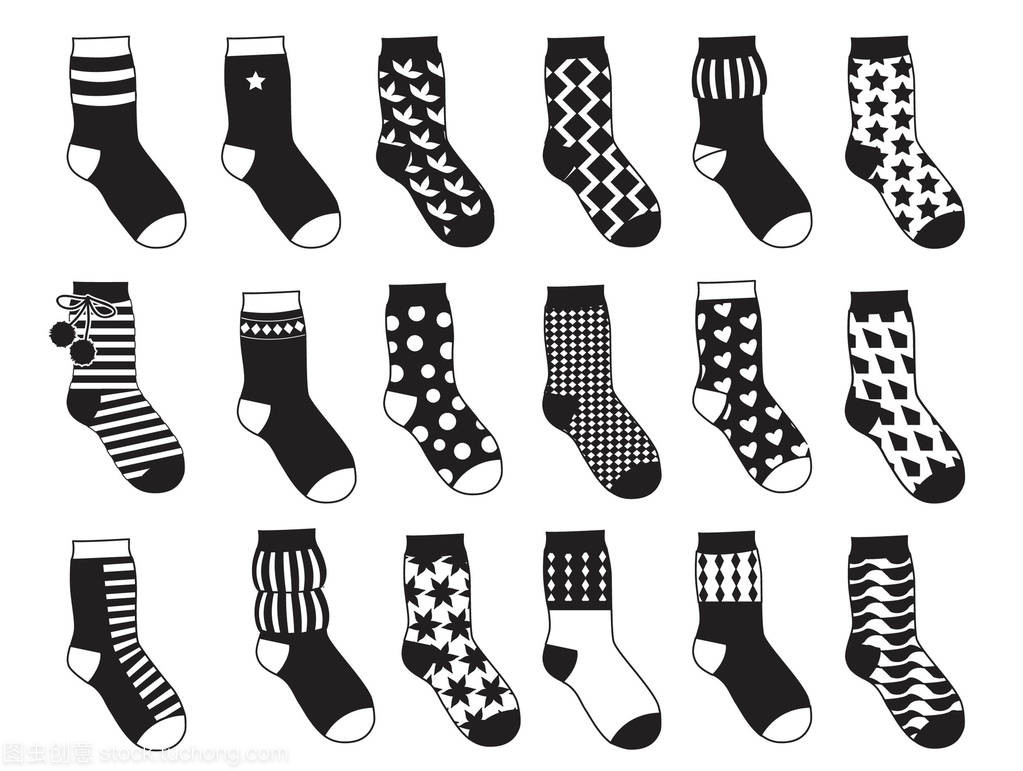 孩子的剪影襪子與不同模式。矢量單色插圖隔離